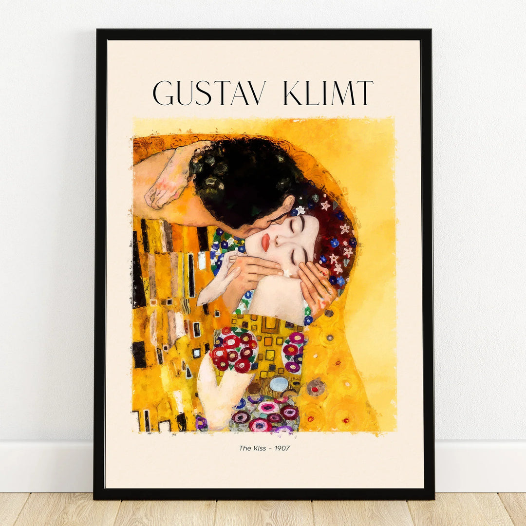 Framed Gustav Klimt The Kiss 1907 art print with vivid yellow and geometric patterns