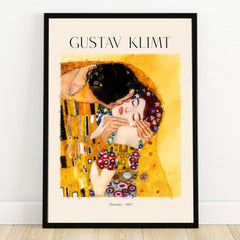 Framed Gustav Klimt The Kiss 1907 art print with vivid yellow and geometric patterns