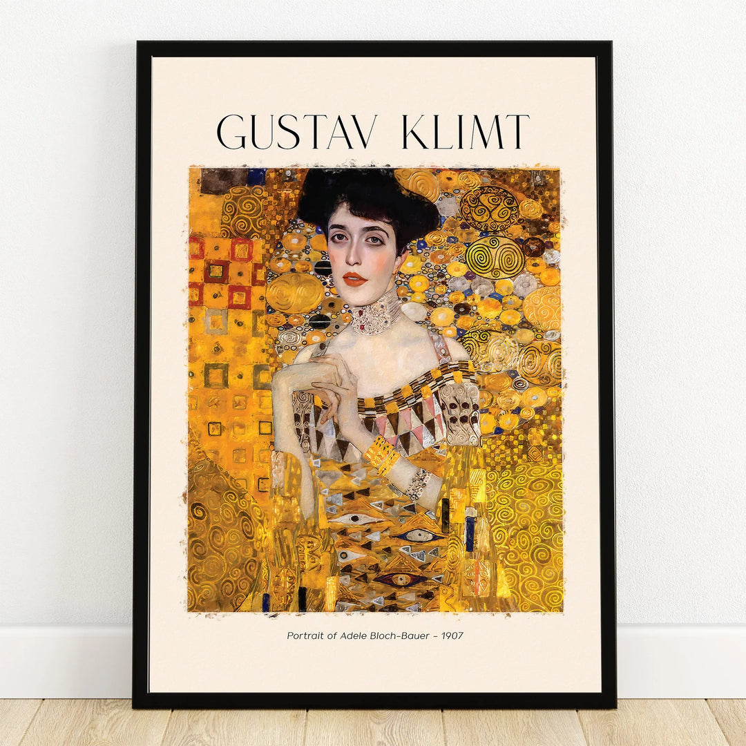 Gustav Klimt art print with portrait of a woman in gold, black frame, modern wall decor