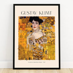 Gustav Klimt art print with portrait of a woman in gold, black frame, modern wall decor