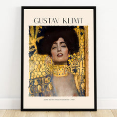 Gustav Klimt art print featuring Judith and the Head of Holofernes with gold detailing in a black frame