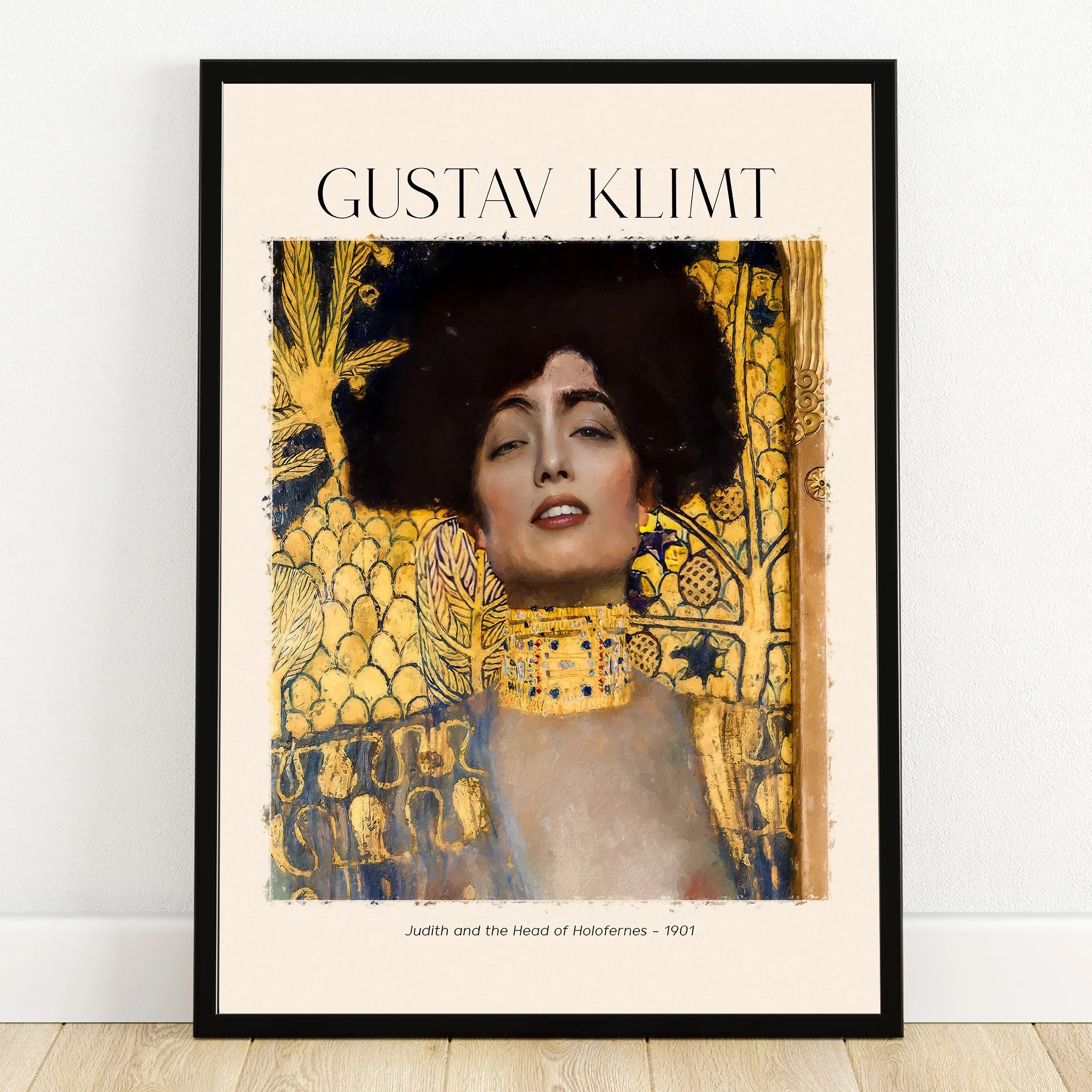 Gustav Klimt art print featuring Judith and the Head of Holofernes with gold detailing in a black frame
