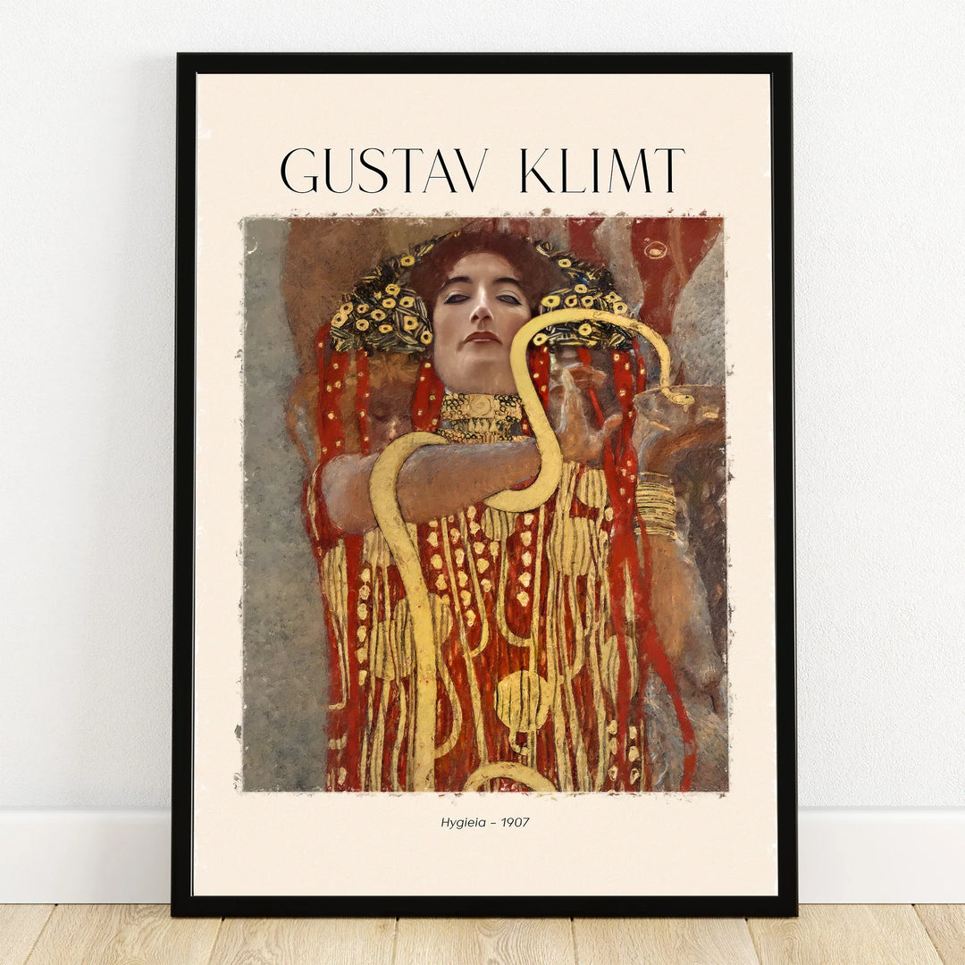 Gustav Klimt art poster featuring Hygeia in gold and red, framed wall decor print
