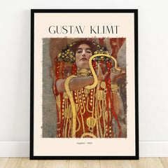 Gustav Klimt art poster featuring Hygeia in gold and red, framed wall decor print