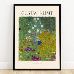 Framed wall art print of Gustav Klimt's Flower Garden with colorful flowers on a green field.