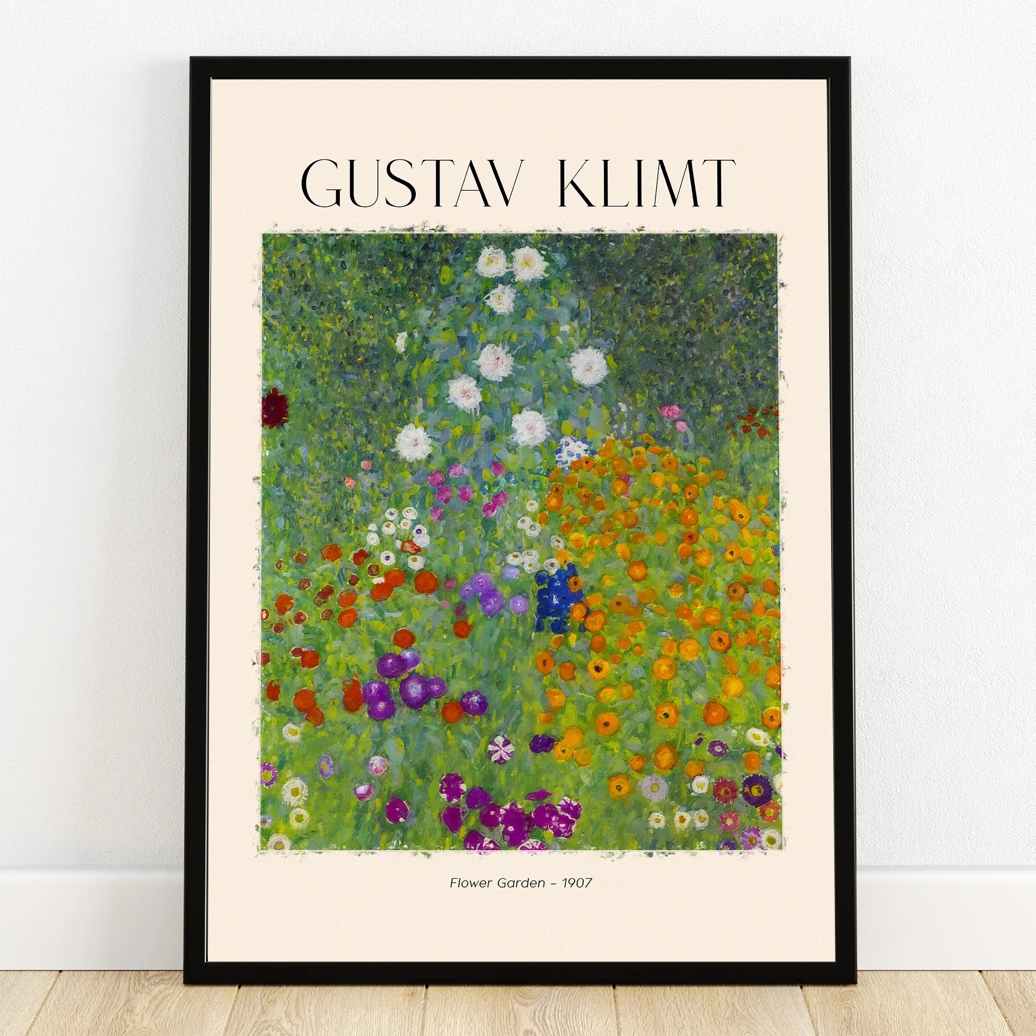 Framed wall art print of Gustav Klimt's Flower Garden with colorful flowers on a green field.