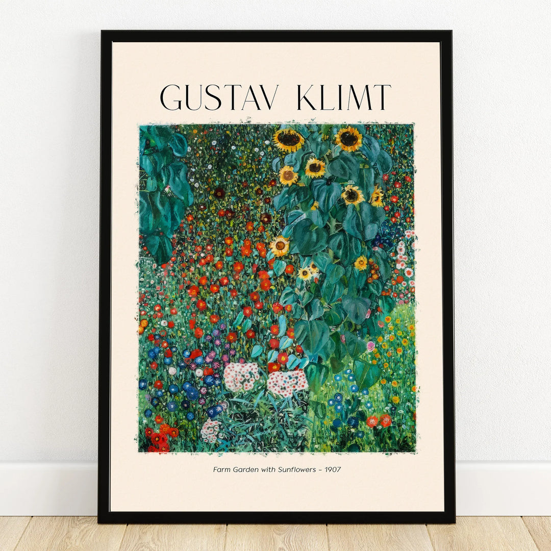 Gustav Klimt Farm Garden with Sunflowers art print in black frame, floral wall art