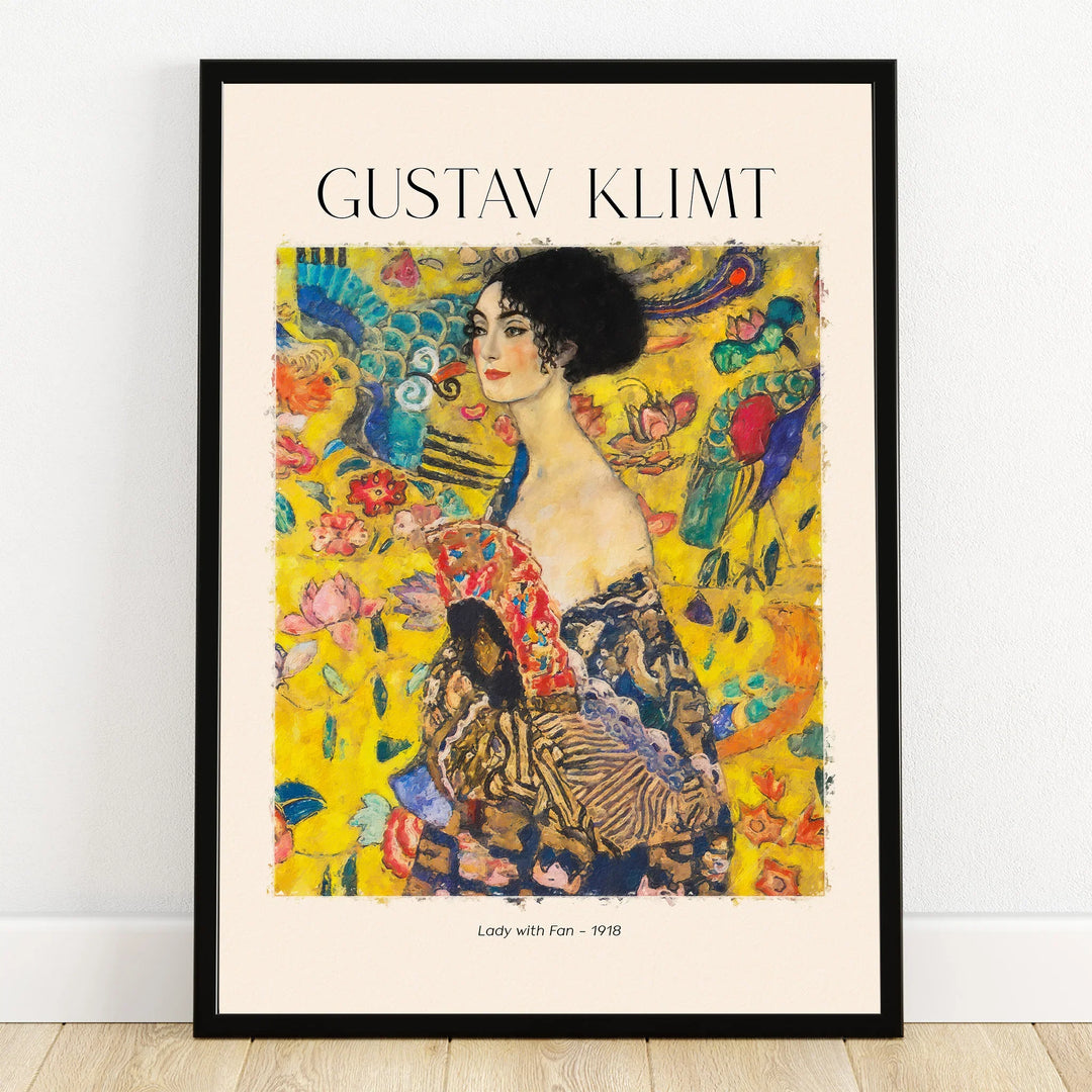 Framed Gustav Klimt Lady with Fan wall art print featuring colorful floral background