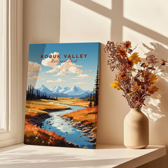 Kobuk Valley National Park art print on windowsill with vase of dried flowers, natural light
