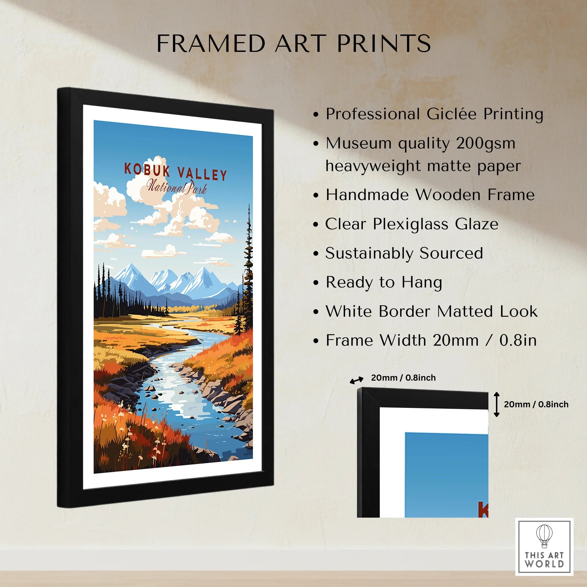 Framed Kobuk Valley National Park print with mountains, river, and frame details shown.