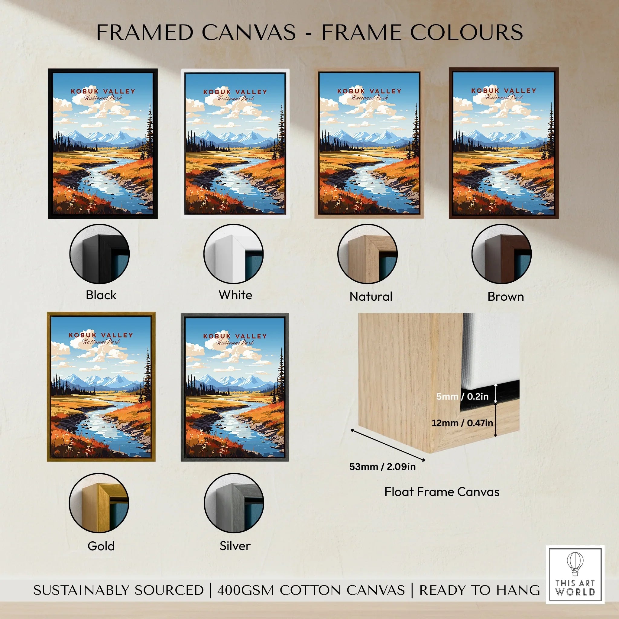 Kobuk Valley National Park framed canvas art print in six frame color options: black, white, natural, brown, gold, silver.