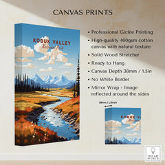 Kobuk Valley National Park canvas print with mountain landscape, river, and product details.