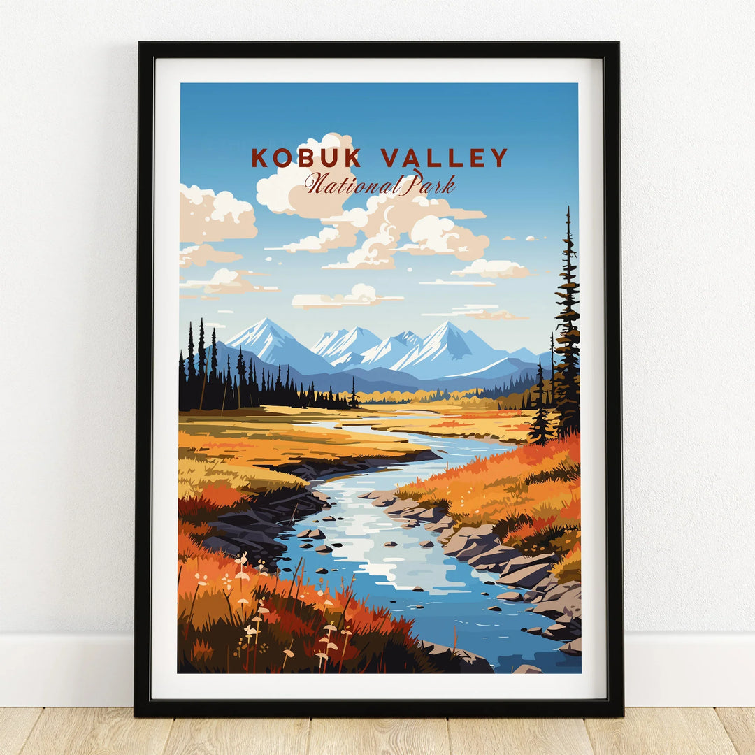 Kobuk Valley National Park art print in black frame on wooden floor, mountain landscape wall art