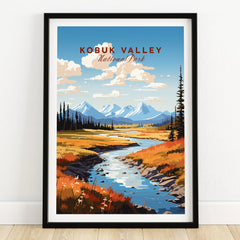 Kobuk Valley National Park art print in black frame on wooden floor, mountain landscape wall art