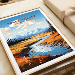 Kobuk Valley National Park print with mountains, river, and fall landscape in natural wood frame