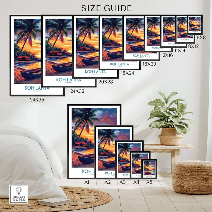 Size guide for Koh Lanta Thailand poster featuring dimensions from 6x8 to 24x36, displayed in a home setting.