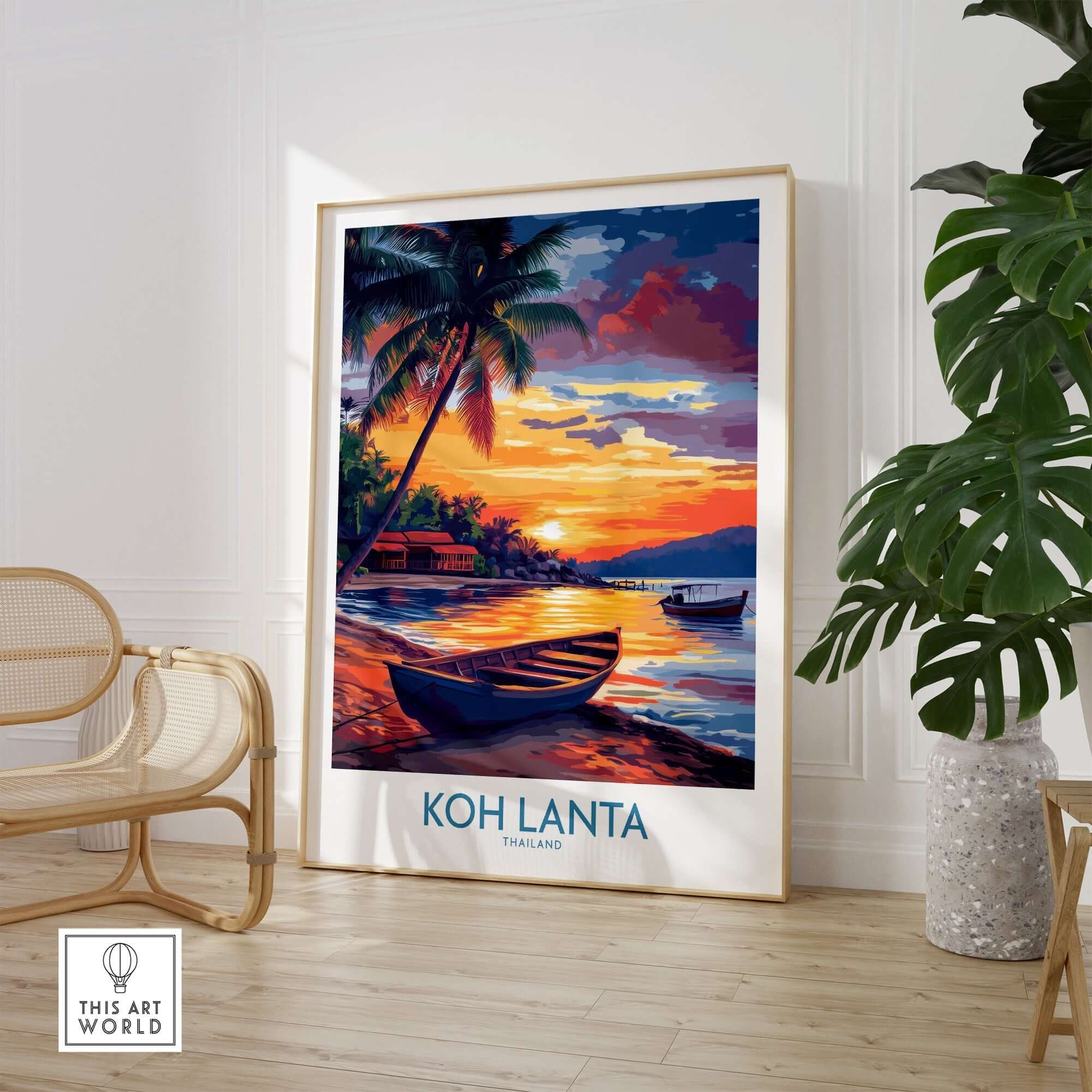 Koh Lanta Thailand Poster showcasing a vibrant sunset over the water with boats and tropical scenery.