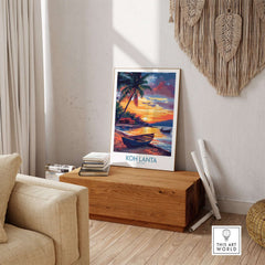 Koh Lanta Thailand Poster displayed in a stylish living room, showcasing vibrant sunset and ocean scene.