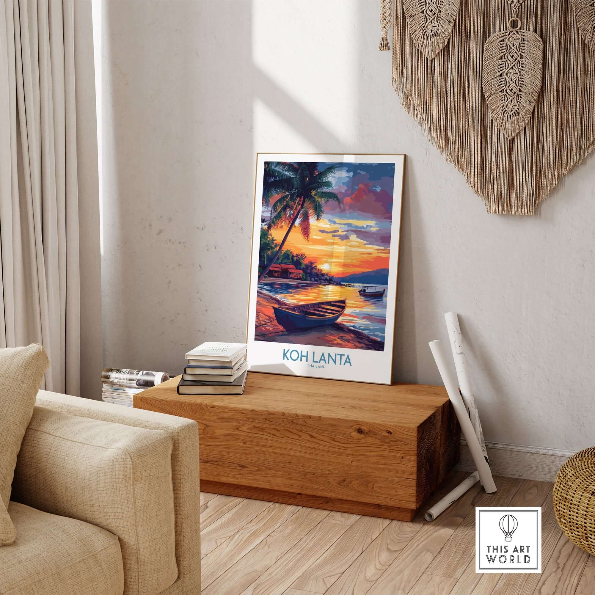 Koh Lanta Thailand Poster displayed in a stylish living room, showcasing vibrant sunset and ocean scene.