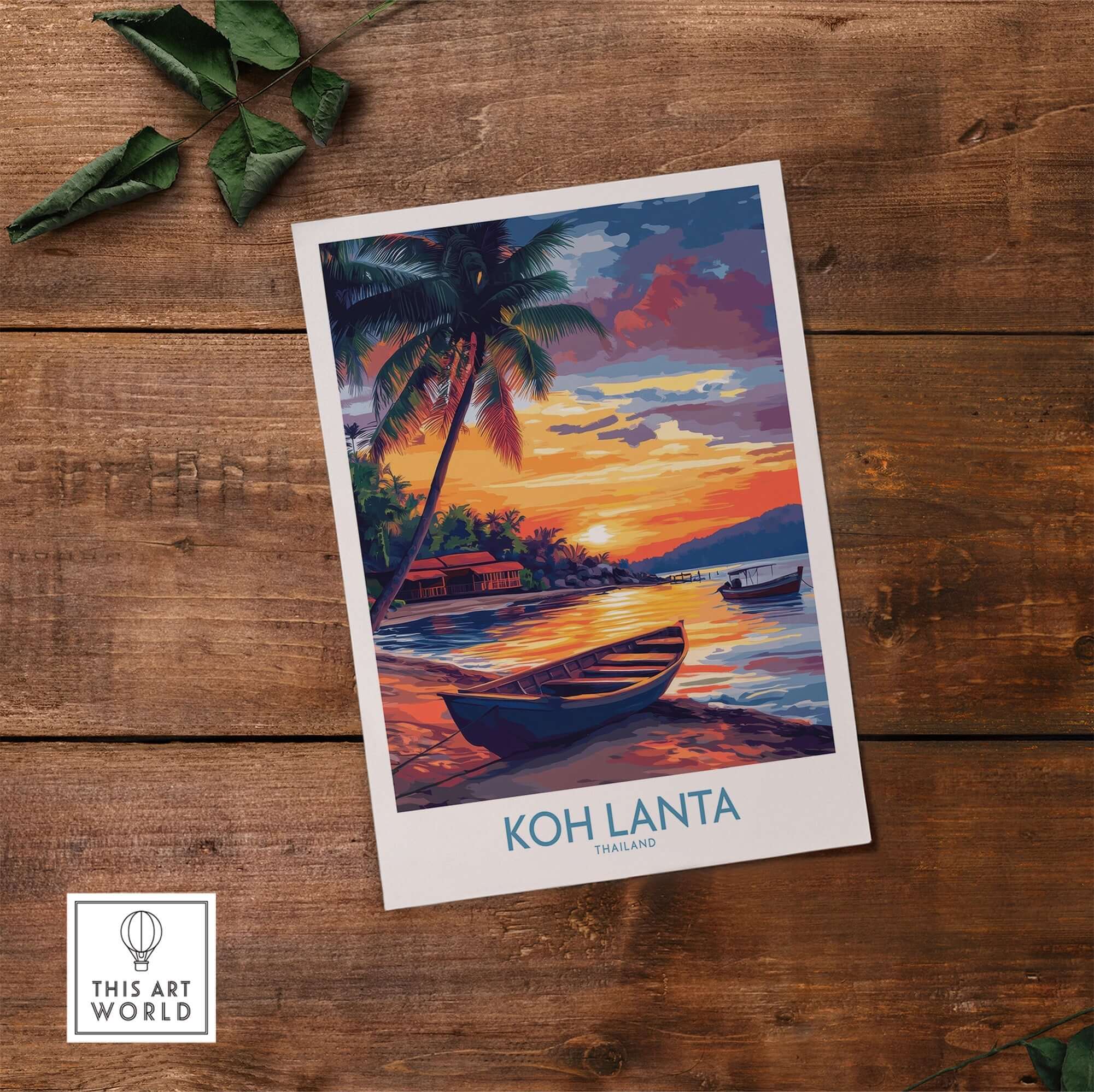 Koh Lanta Thailand Poster featuring a vibrant sunset, palm trees, and a tranquil sea scene.