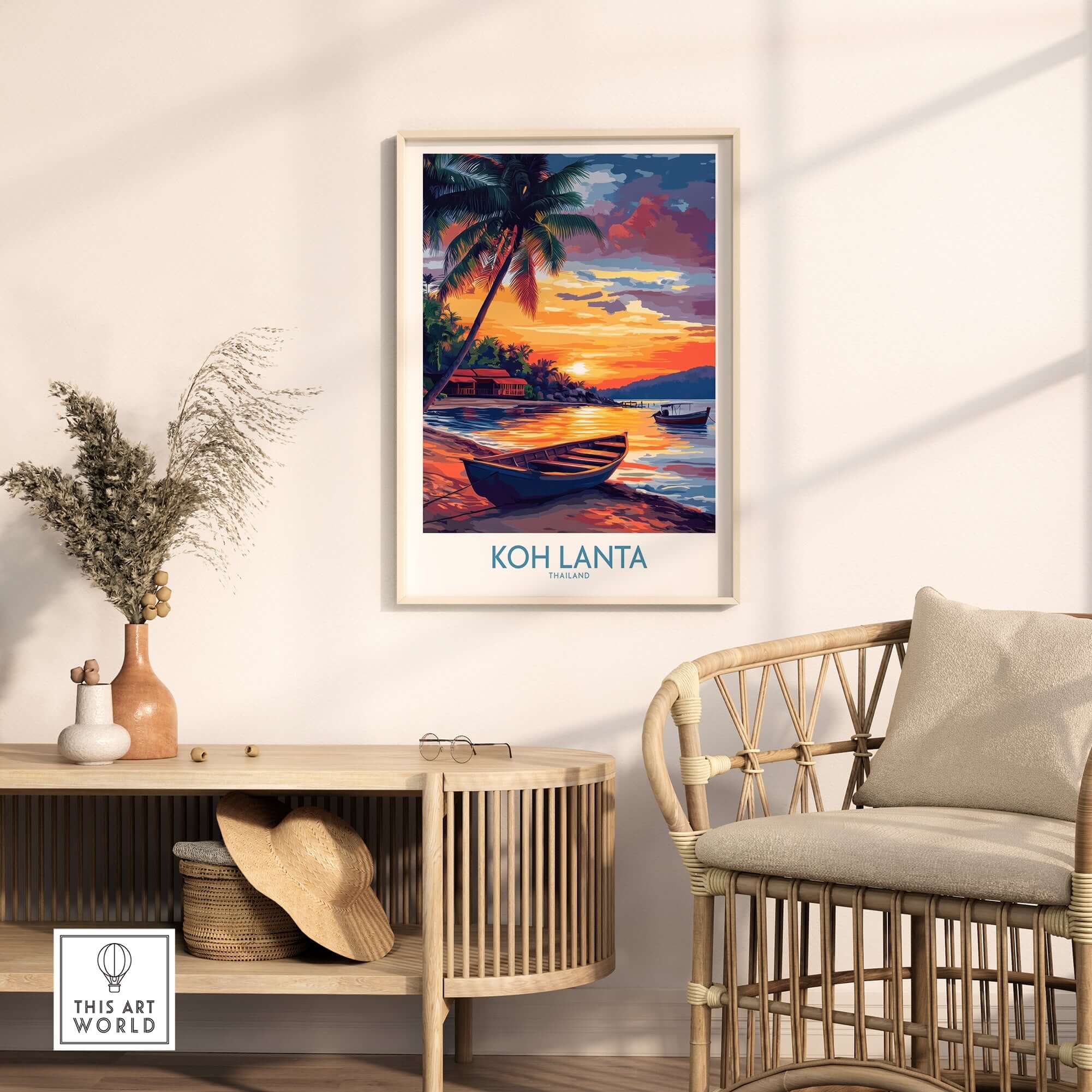 Koh Lanta Thailand Poster showcasing a vibrant sunset over the beach with a boat and palm trees in a cozy room setting.