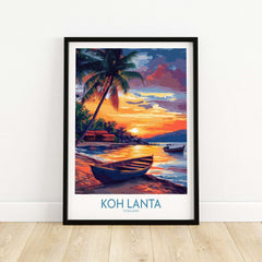 Koh Lanta Thailand Poster showcasing a vibrant sunset over the water with a boat and palm trees in the foreground.