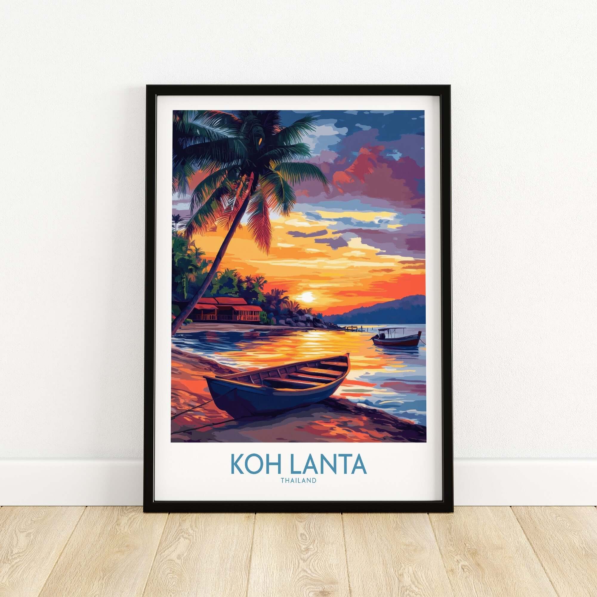 Koh Lanta Thailand Poster showcasing a vibrant sunset over the water with a boat and palm trees in the foreground.