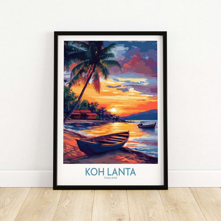 Vibrant Koh Lanta, Thailand poster featuring a sunset, palm trees, and a boat by the beach, perfect for travel enthusiasts.