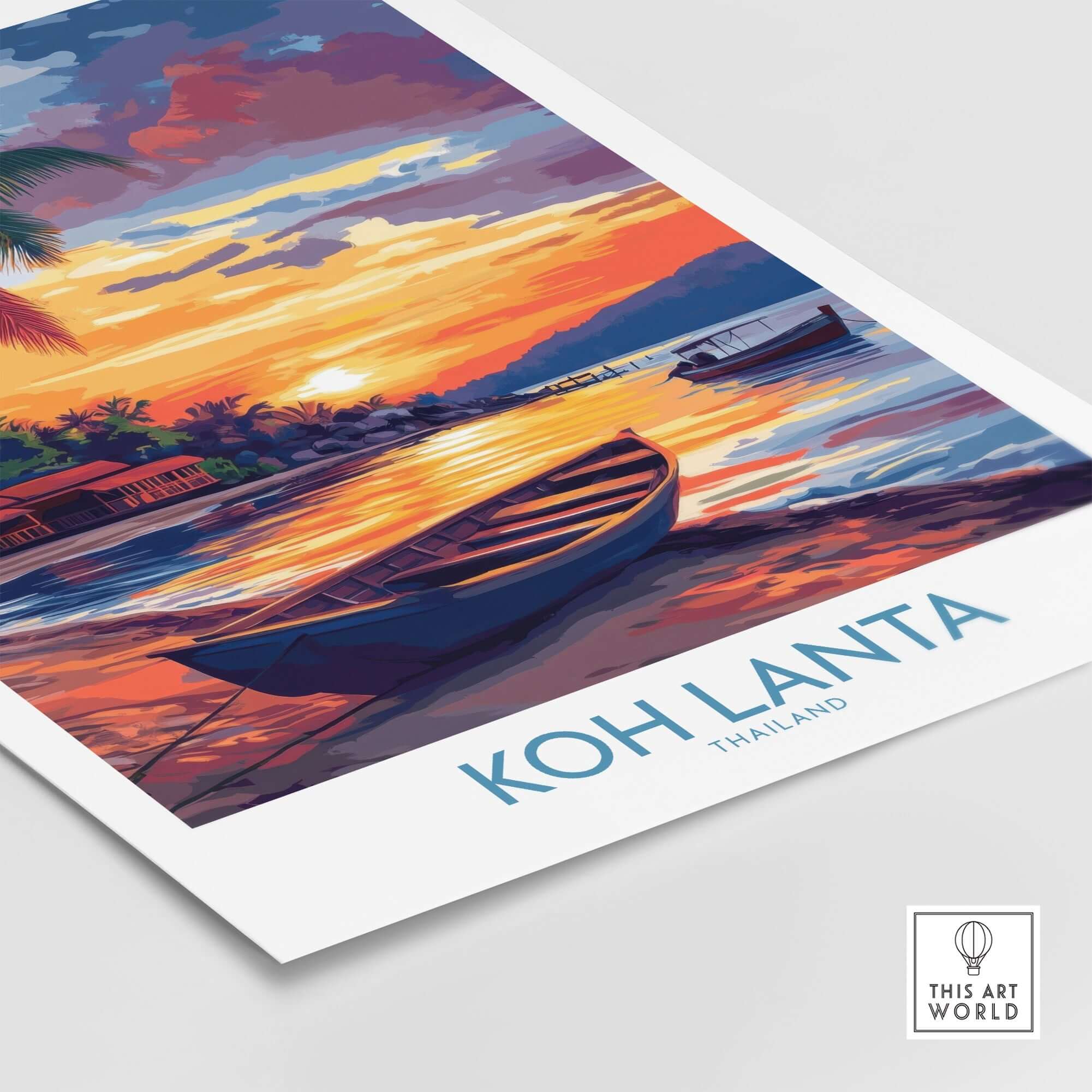 Koh Lanta Thailand Poster featuring a vibrant sunset over the beach with a boat and lush palm trees.