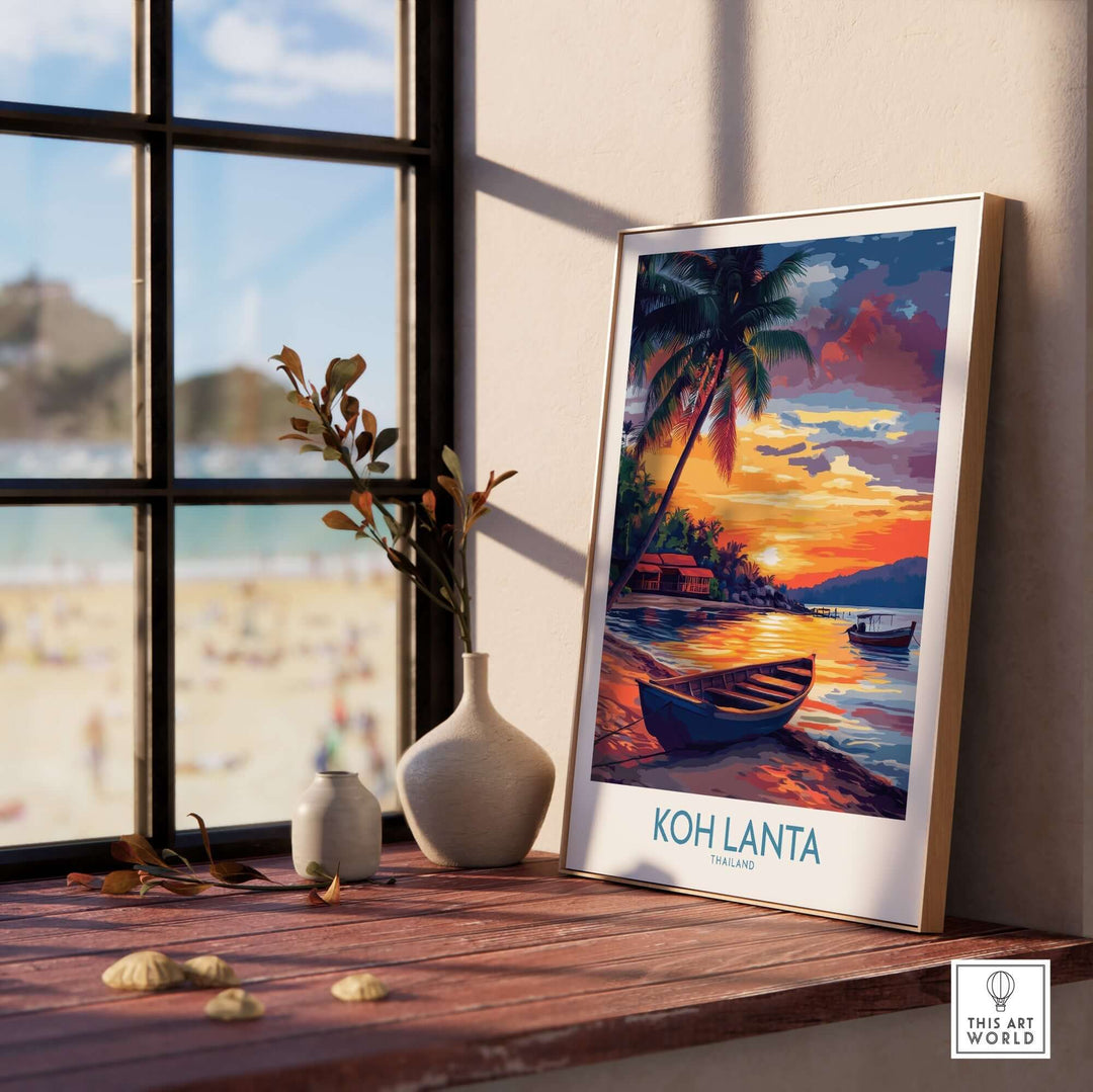 Koh Lanta Thailand poster featuring a sunset view with boats and palm trees, perfect for home decor and travel enthusiasts.