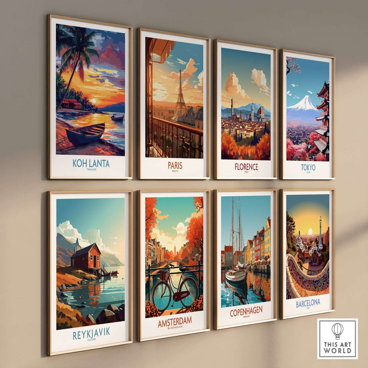 Collection of vibrant travel posters featuring Koh Lanta, Paris, Florence, Tokyo, Reykjavik, Amsterdam, Copenhagen, and Barcelona.