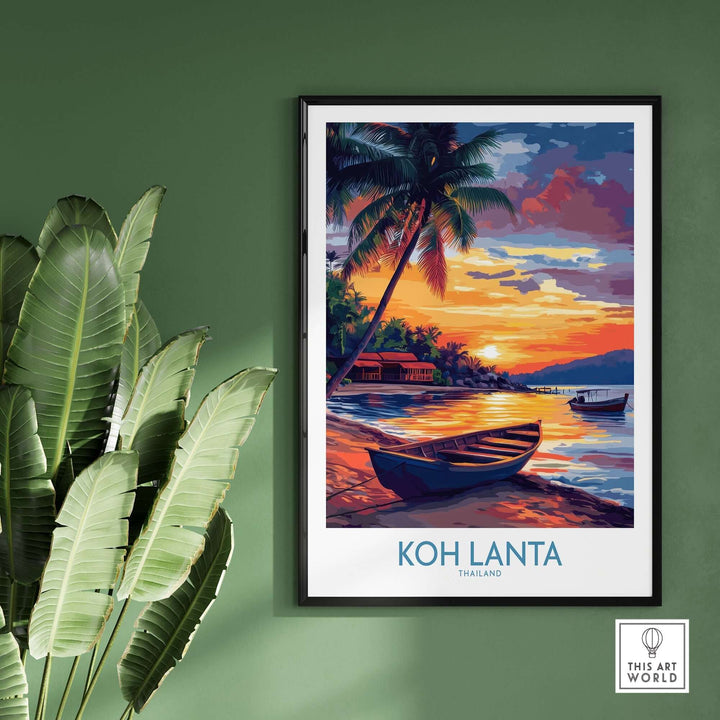 Vibrant Koh Lanta Thailand poster featuring a sunset over water with palm trees and boats, perfect for travel lovers.