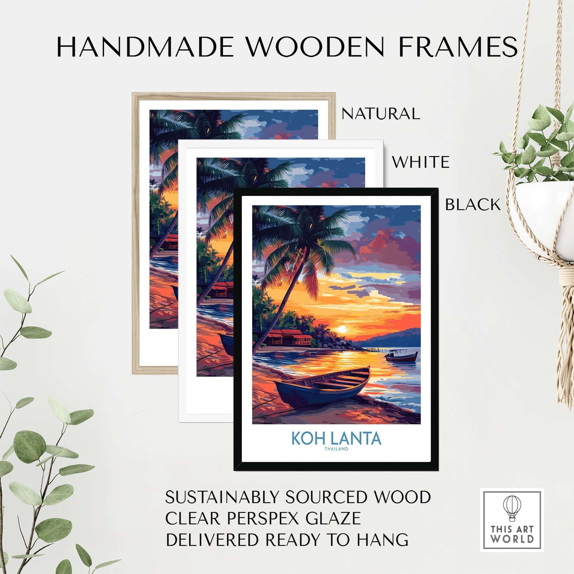Koh Lanta Thailand Poster displayed in handmade wooden frames in natural, white, and black finishes.