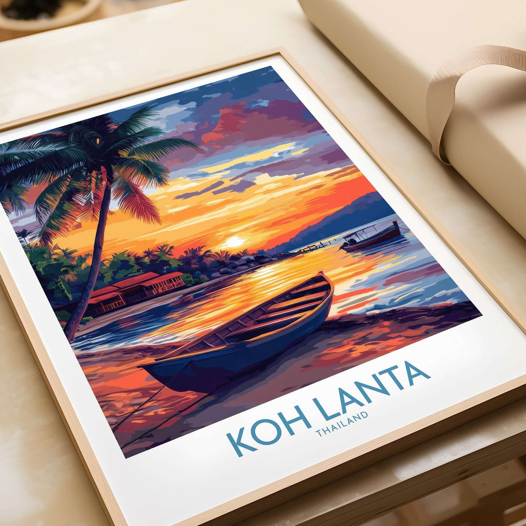 Vibrant Koh Lanta Thailand poster featuring a sunset, palm trees, and a boat by the tranquil waters. Perfect for travel lovers.