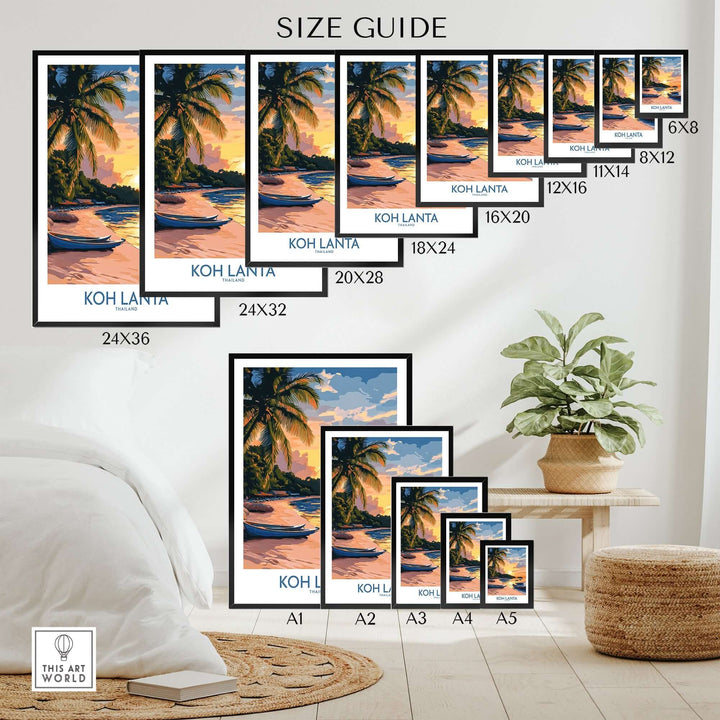 Koh Lanta travel poster size guide showing various frame sizes for beach scene with sunset and palm trees.