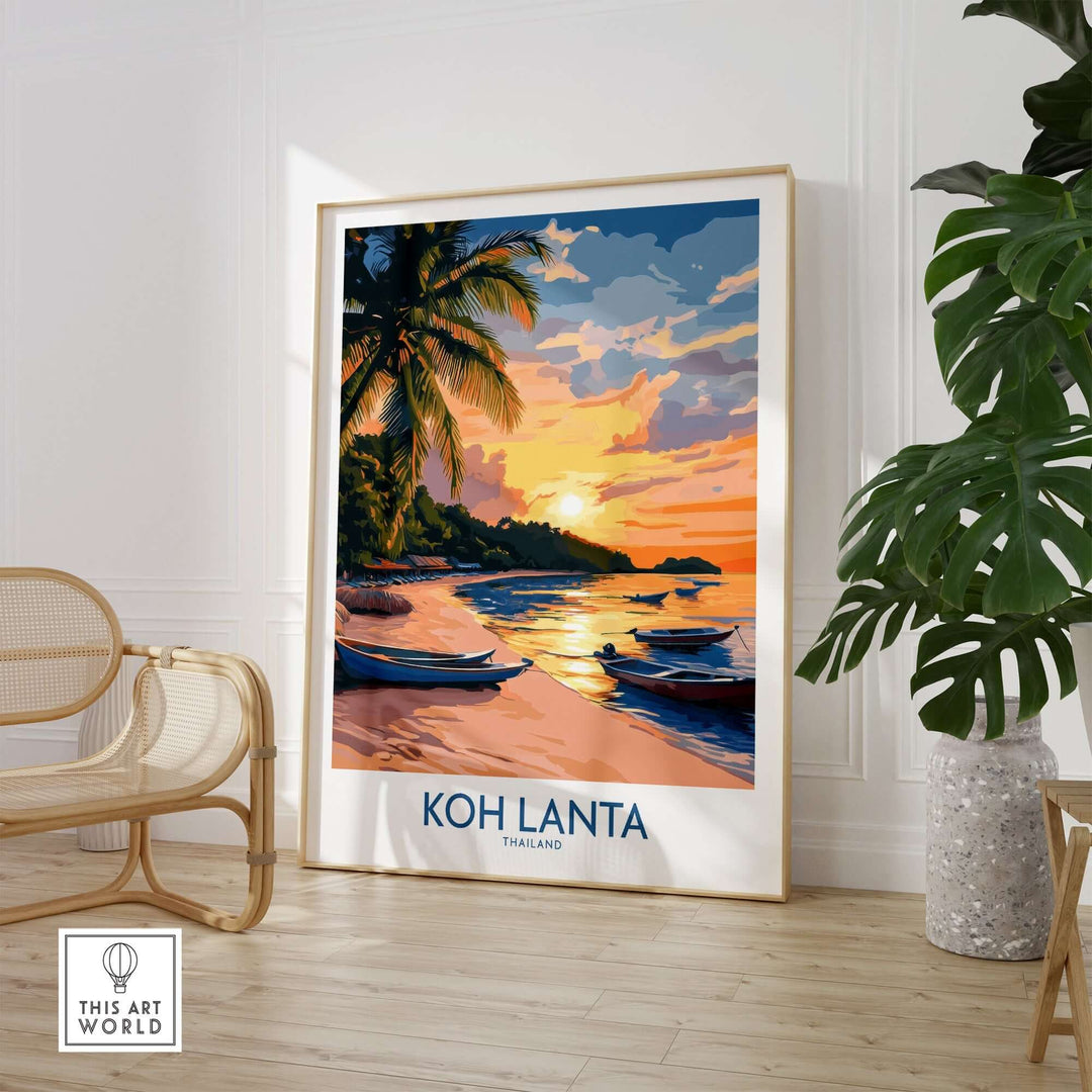 Koh Lanta travel poster featuring a serene beach and sunset, perfect for home decor and inspiring adventures.