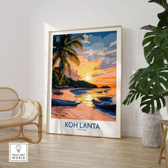 Koh Lanta Travel Poster featuring tranquil beach scene and sunset in Thailand