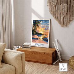 Koh Lanta Travel Poster featuring a tranquil beach scene and breathtaking sunset, perfect for inspiring your adventures.