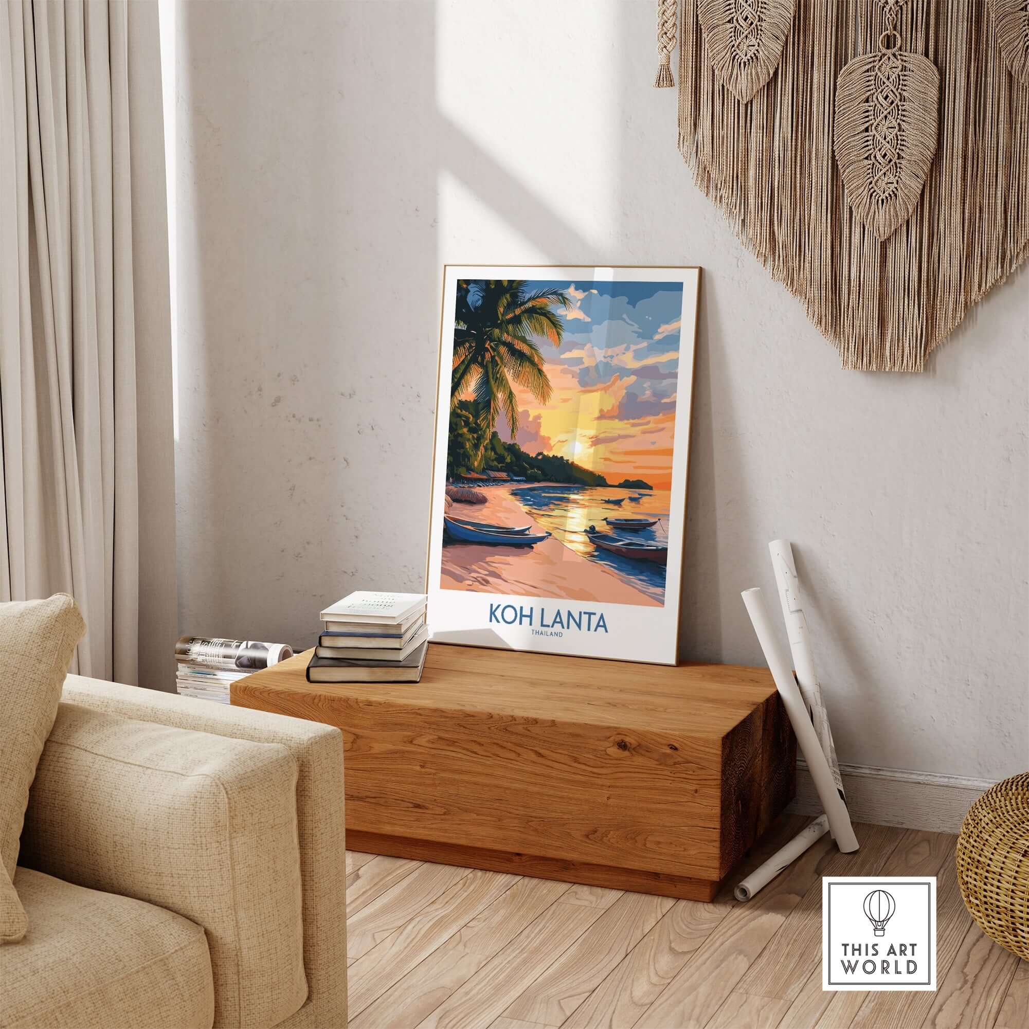 Koh Lanta Travel Poster featuring a tranquil beach scene and breathtaking sunset, perfect for inspiring your adventures.