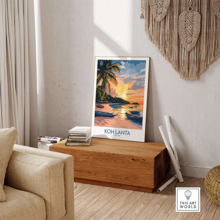 Koh Lanta travel poster showcasing a serene beach and sunset, perfect for adding tranquility to any room's decor.