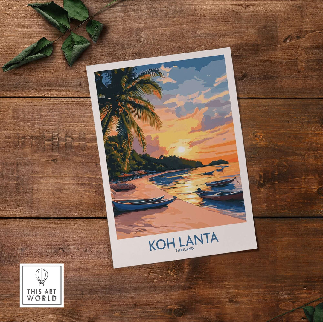 Koh Lanta travel poster featuring a serene beach at sunset with palm trees and boats, ideal for home decor and adventure inspiration.