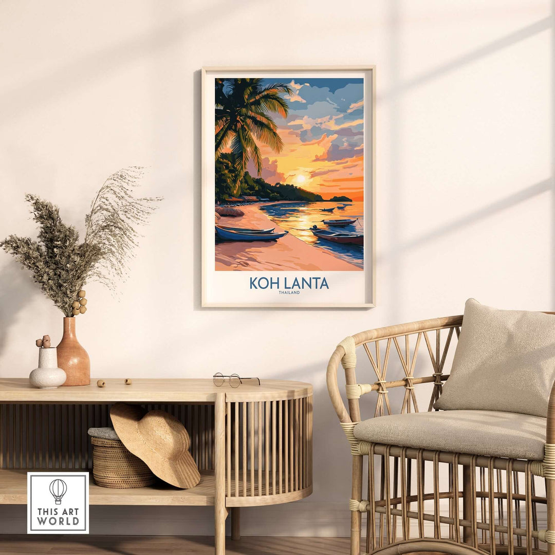 Koh Lanta travel poster featuring a serene beach sunset scene, ideal for home decor and inspiration for adventures.