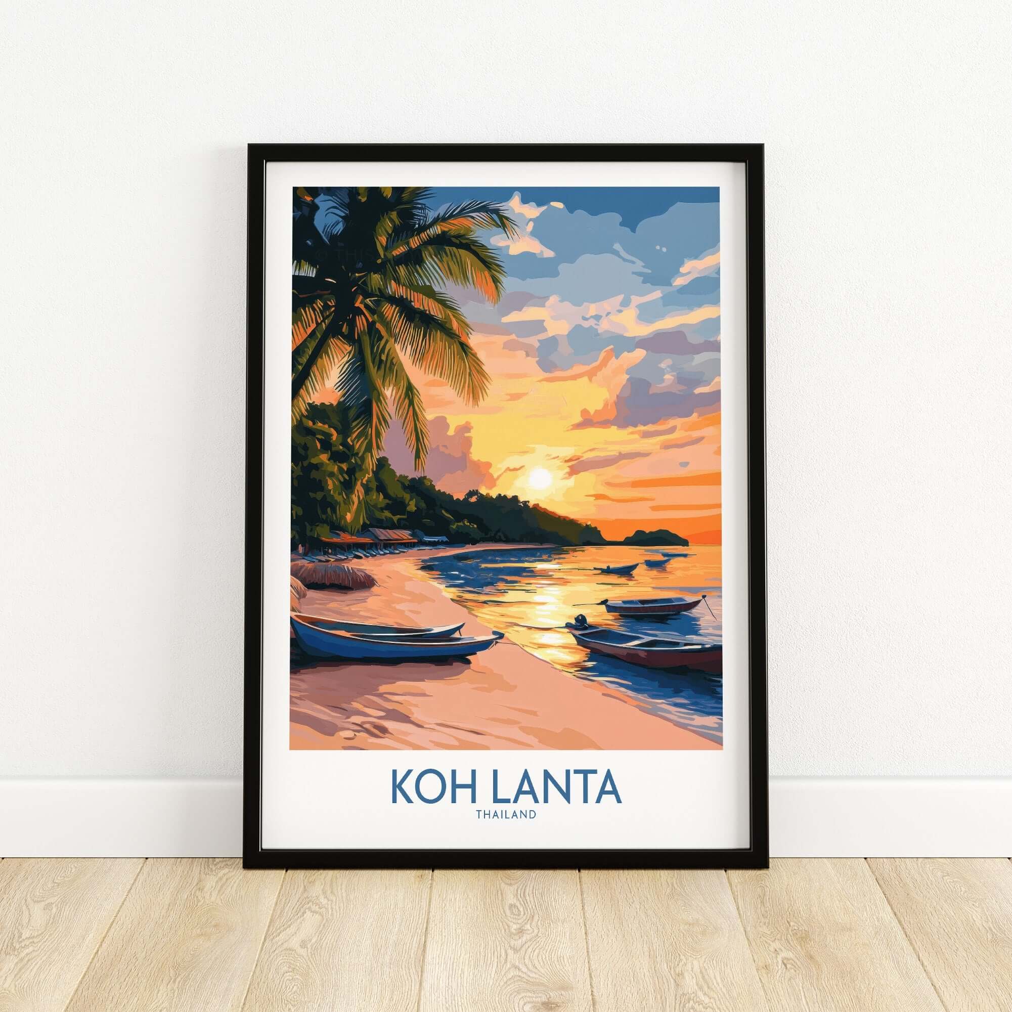 Koh Lanta Travel Poster featuring a tropical beach sunset with palm trees and boats, capturing the essence of Koh Lanta.