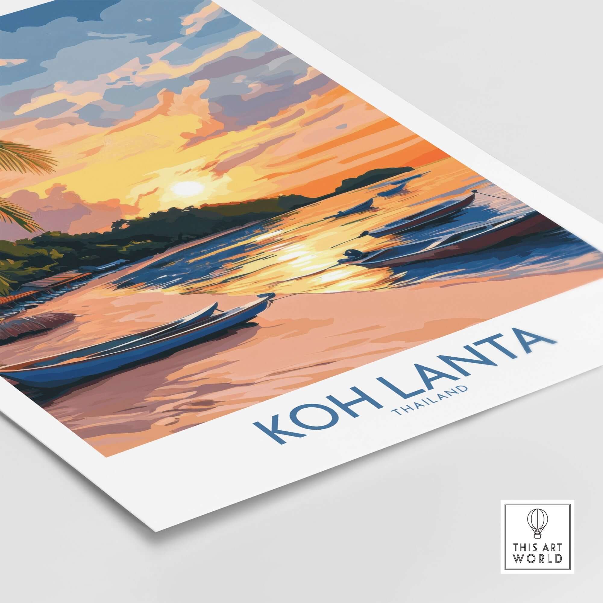 Koh Lanta Travel Poster featuring vibrant sunset and tranquil beach scene with boats on the water.