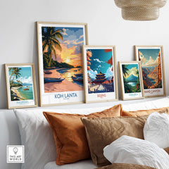 Koh Lanta Travel Poster displayed among other travel posters, showcasing a serene beach scene and vibrant sunset.
