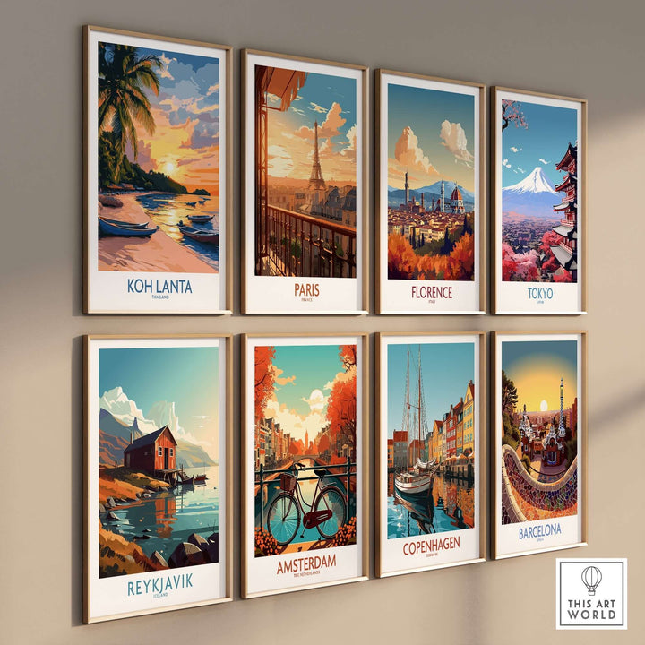 Collection of travel posters featuring Koh Lanta, Paris, Florence, Tokyo, Reykjavik, Amsterdam, Copenhagen, and Barcelona.