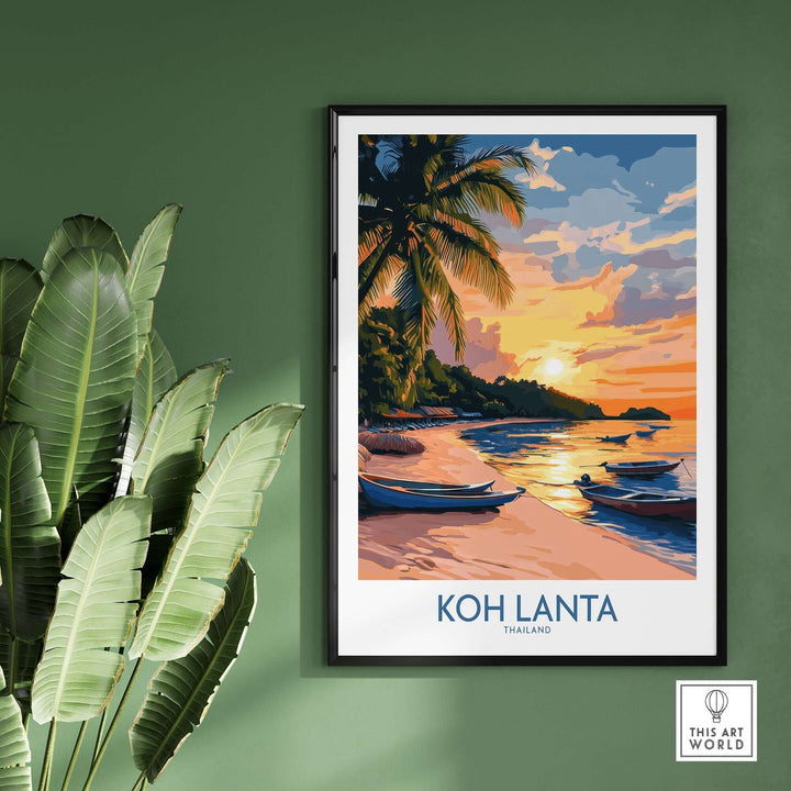 Koh Lanta travel poster featuring a sunset beach scene with palm trees and boats, perfect for home decor and evoking tropical serenity.