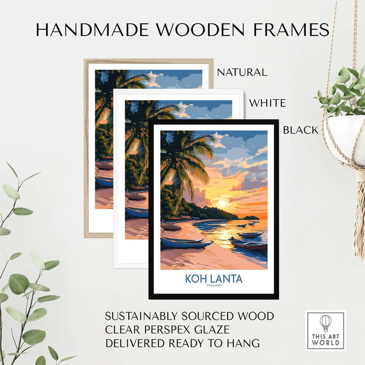 Handmade wooden frames in natural, white, and black colors showcasing Koh Lanta travel poster with a sunset beach scene.