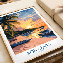 Koh Lanta Travel Poster featuring a serene beach sunset scene with boats and palm trees.