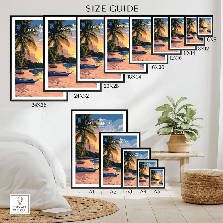 Koh Lanta travel print size guide showcasing various frame sizes and tropical beach design for home decor.